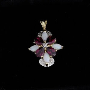 Pendant Only 14k Yellow Gold Natural Garnet, Opal, Diamond Pendant